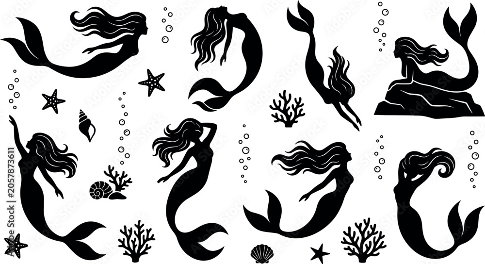 Obraz premium Collection of black silhouette mermaid icons in different swimming and sitting poses with underwater elements like starfish, seashells, coral reefs, and air bubbles.