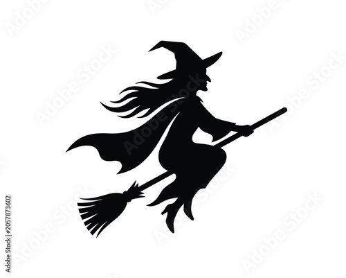 Canvastavla Halloween witch silhouette flying on broomstick with pointed hat and flowing cap