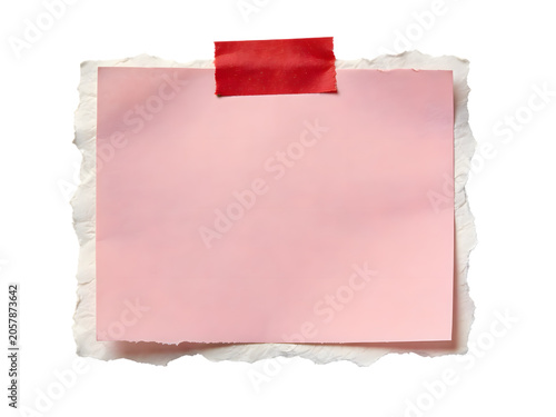 Blank Pink Paper Note with Torn Edges Taped to a White Background for Creative Messages or Artistic Projects, with Red Adhesive Tape at Top