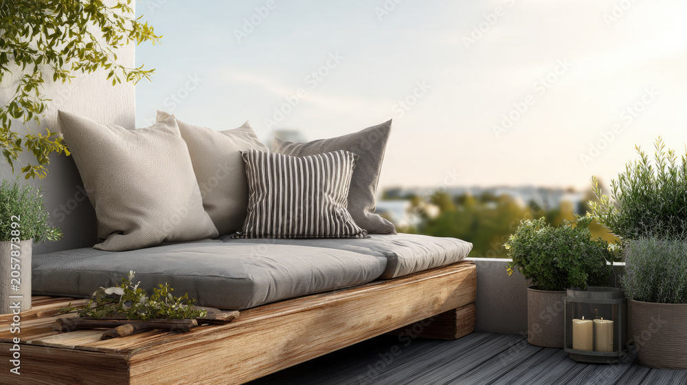 Fototapeta premium Urban balcony furnishing a comfortable and stylish outdoor lounge area with woven sofa, decorative pillows, and potted plants, creating a tranquil space for city relaxation and modern living