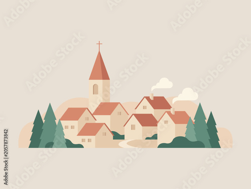 Scandinavian Village Landscape Vector Illustration with Church and Pine Trees