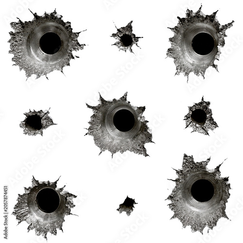 Obraz na płótnie A collection of realistic bullet hole marks with torn metal edges and shattered