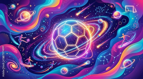Cosmic Football Ball in Neon Galaxy Abstract Background