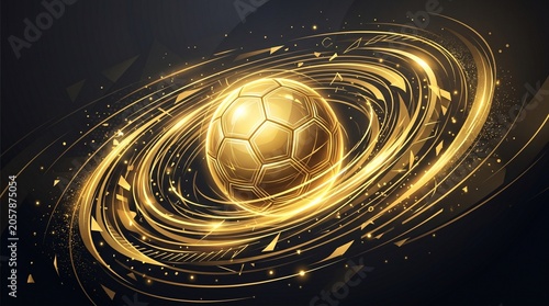 Golden Soccer Ball Orbiting in Luxury Energy Rings