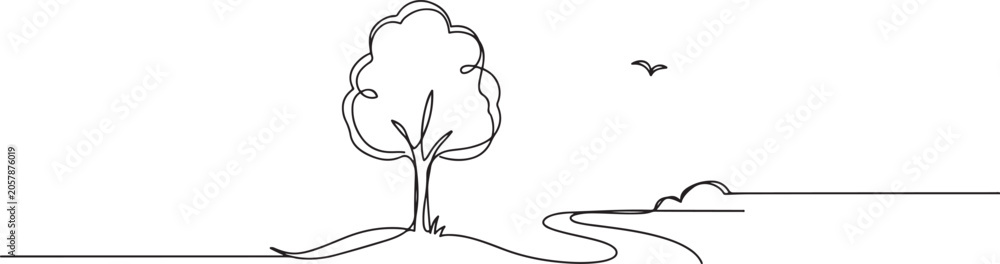 Naklejka premium Lonely tree. Landscaped park with path and tree. A place to relax in nature. one line Art icon drawing vector