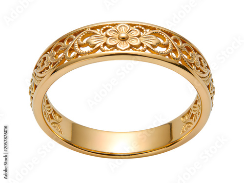 Elegant gold ring with intricate floral openwork design and smooth inner band, showcasing craftsmanship, luxury jewelry, decorative accessory, detailed pattern, timeless elegance