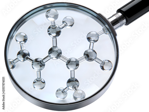 Close-up of a molecular model with ball-and-stick structure under magnifying glass, scientific research, chemistry, chemical compound, technology concept