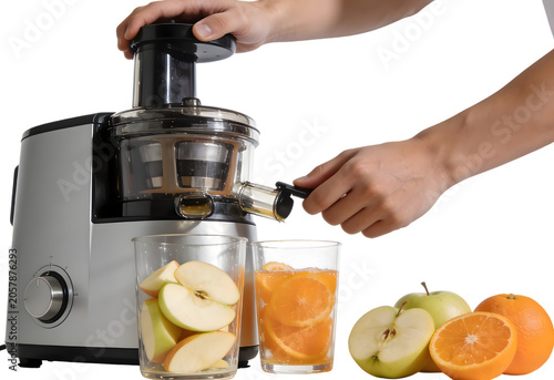 Hands with a juicer extracting fresh juice from sliced apples and oranges, with whole fruits on a white background, showcasing healthy beverage preparation
