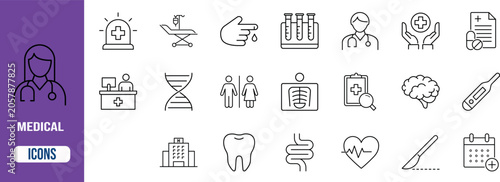 Medical healthcare line vector icons. doctor icon set, thermometer icon set, pill icon set