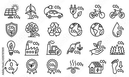 Environmental sustainability line icons depicting renewable energy and carbon dioxide reduction carbon dioxide co2 emission renewable energy