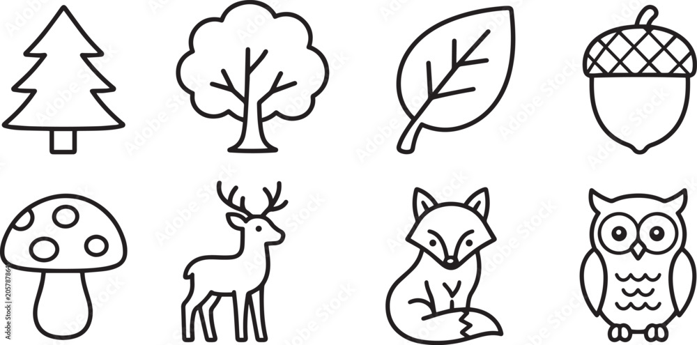 Fototapeta premium Forest Modern and Premium Icon Set, Featuring pine tree, oak tree, leaf, acorn and More, Editable Stroke, Outline Icon Collection