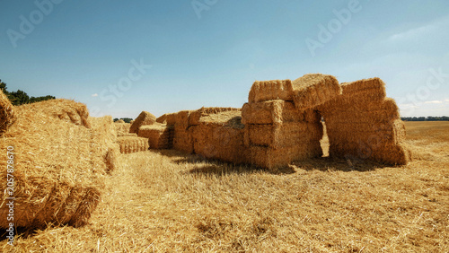 Quadro su tela Stacked golden straw hay bales in a vast agricultural field under a clear blue summer sky