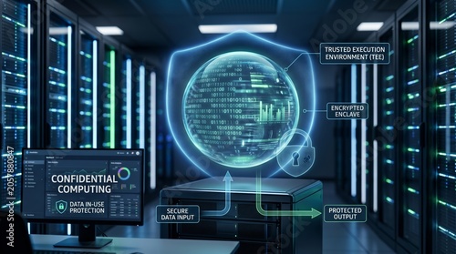 Confidential Computing and Cybersecurity Hologram in Modern Datacenter Server Room.