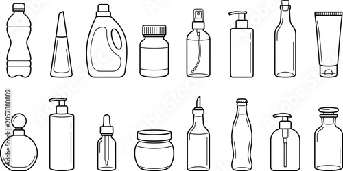 Cosmetic bottle and container vector icon set for beauty lotion shampoo spray plastic packaging design