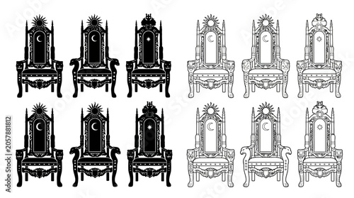 Obraz na plátně Ornate throne chair silhouettes with celestial symbols black on white