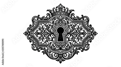 Fotografie Ornate keyhole with floral scrollwork black and white vector illustration