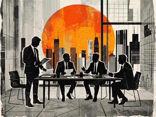 Business meeting among professionals city skyline digital art modern office strategic discussion