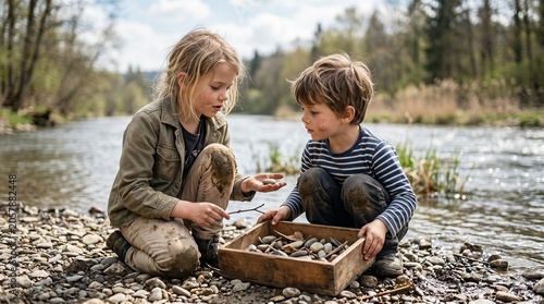 Two children playing with stones and a wooden box by river