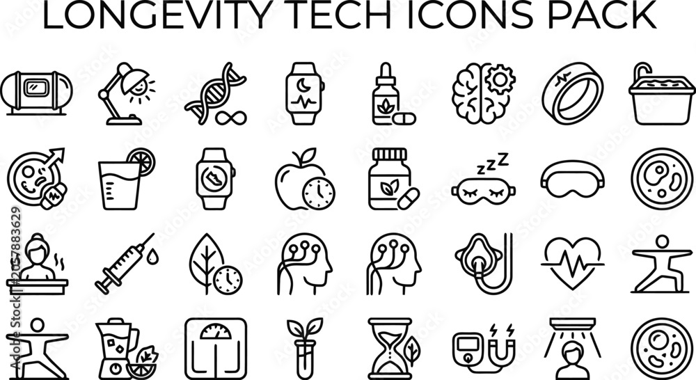 Naklejka premium A comprehensive vector illustration collection featuring essential longevity and wellness technology icons presented in a clean minimalist black line style