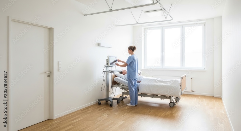 Fototapeta premium Nurse prepares hospital bed in a clean, well-lit patient room with equipment.