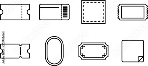 Ticket and coupon voucher vector template icon set with blank labels frames and barcode line art elements