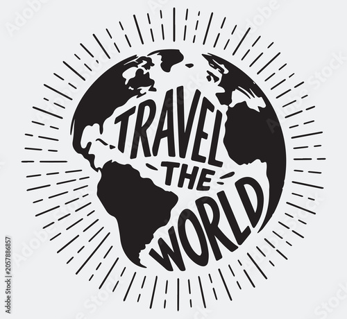Travel The World Lettering with Earth Globe Illustration