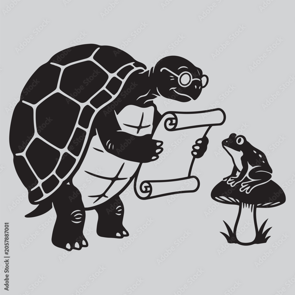 Fototapeta premium Wise Tortoise Reading Scroll to Young Frog silhouette vector design art and illustration