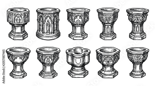 Set of 10 different gothic stone font and baptismal basin icons on a white background