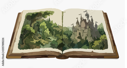 Photos Magic Storybook Castle in Forest Vector Illustration with Fairytale Book and Fan