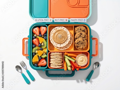 Healthy kids lunchbox with colorful food compartments