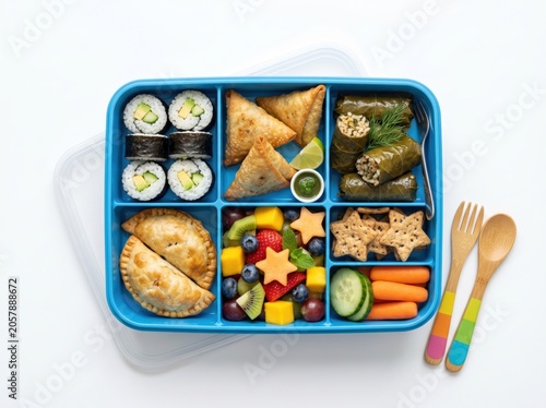 Healthy colorful bento box lunch with snacks