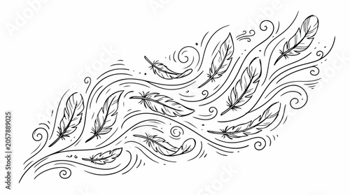 Graceful Floating Feathers Doodle Illustration with Swirls
