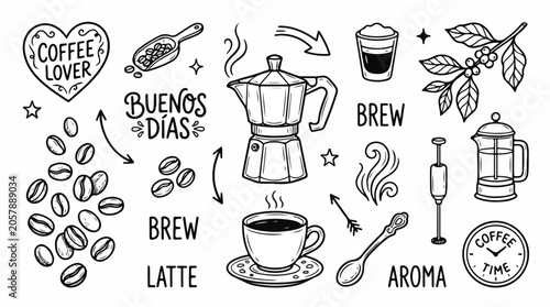 Hand drawn Coffee Lover Doodle Set with Various Elements