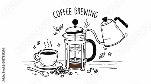 Illustrated Coffee Brewing Process with French Press and Kettle