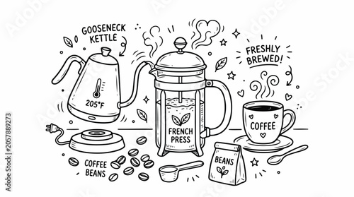 Illustrated Coffee Brewing Process with French Press and Gooseneck Kettle
