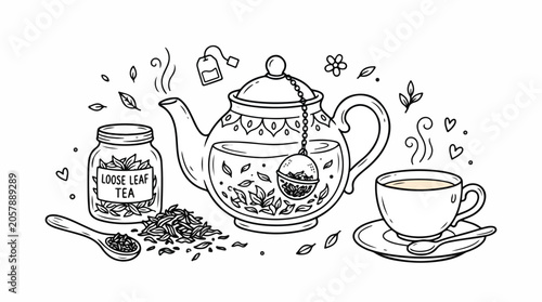 Illustration of Tea Brewing Process with Teapot and Cup