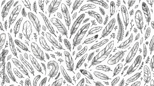 Intricate Feather and Leaf Doodle Hand Drawn Pattern