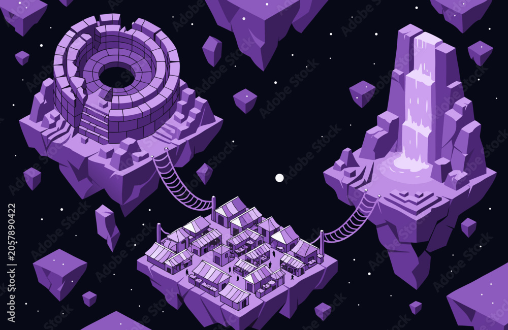 Fototapeta premium Amphitheater structure and a majestic waterfall are positioned on floating purple platforms linked by bridges to a grid of housing blocks amidst a vast dark starry environment of isometric fantasy.