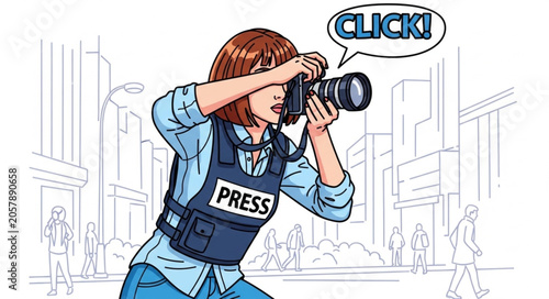 Billede på lærred Female photojournalist wearing a press vest taking a picture with a camera
