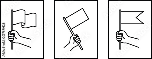Minimalist hand holding different flag shapes line icon set for celebration and protest isolated on white background