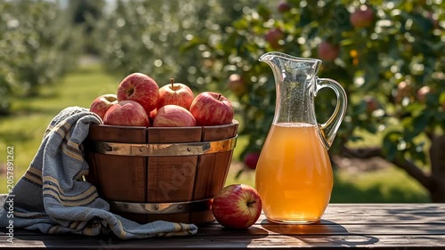 glass decanter with juice on the table, fresh apples in the garden