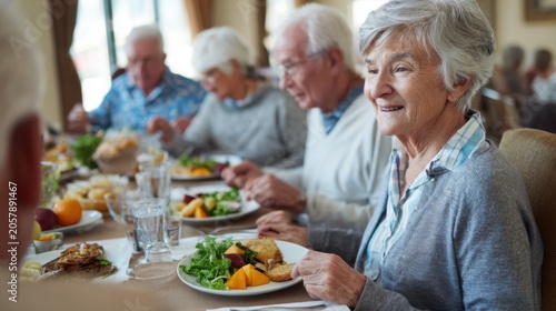 Elderly friends enjoying a meal together at a dining table in a bright room