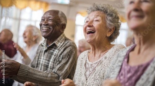 Joyful seniors laughing together in a group activity at a care home