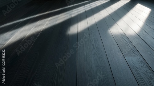 Geometric Light Play Diagonal sunlight on dark wood floor, high contrast and minimalist aesthetic. Visible texture., flooring, shadow