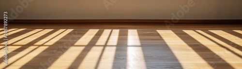 Geometric sunlit stripes dance on warm wooden floor planks, casting sharp shadows against a minimalist wall. A tranquil natural light pattern, interior design. Daylight, Hardwood