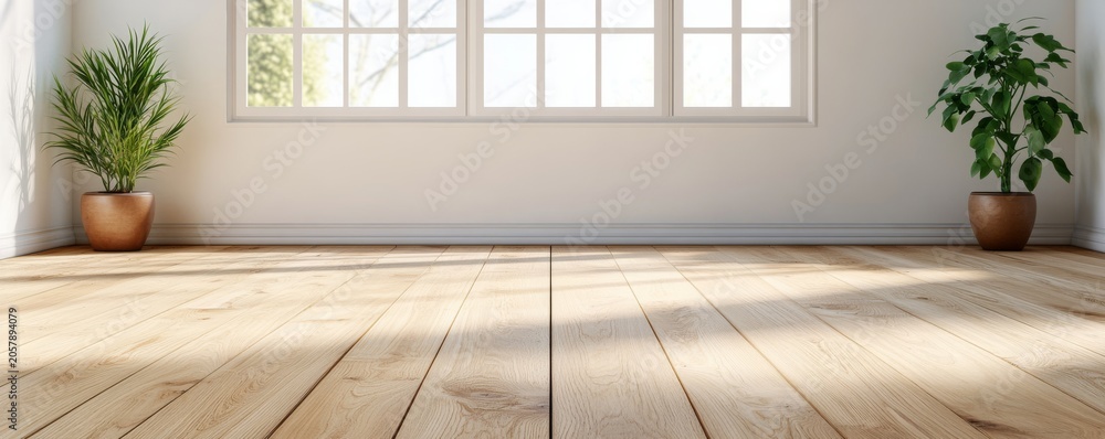 Fototapeta premium Minimalist empty room with bright natural light from a large window, highlighting the warm wooden floor and two symmetrical potted plants. A clean, modern interior canvas. Interior,