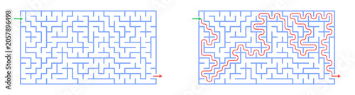 Labyrinth maze layout with solution lines in blue and red  