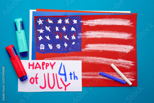 Childlike drawing of USA flag made with markers and chalk for Independence Day, styled as kids school art project with on bright background.