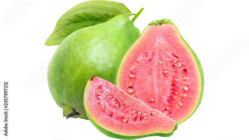 Canvastavla Fresh pink guava fruit cut in half with green leaves on transparent background t