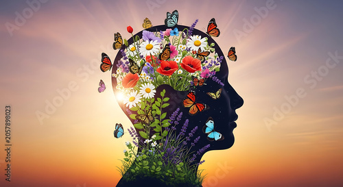 Human head filled with colorful flowers and butterflies against sunset background transparent background